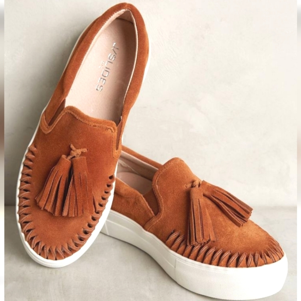J. Slides Anthropologie  Kiltie Fringe Amber Suede shoes slip on